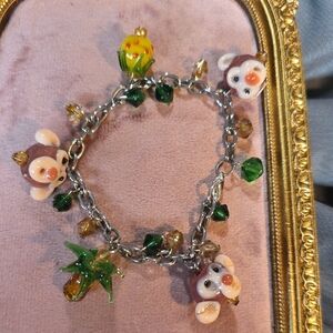 Lampwork Glass Charm Bracelet Featuring Monkeys, Pineapple, And Palm Tree.